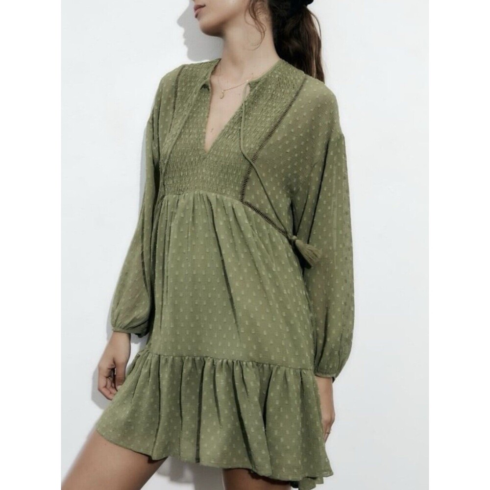 ZARA Green Dotted Mesh Mini Dress Lined Long Sleeve Women’s S